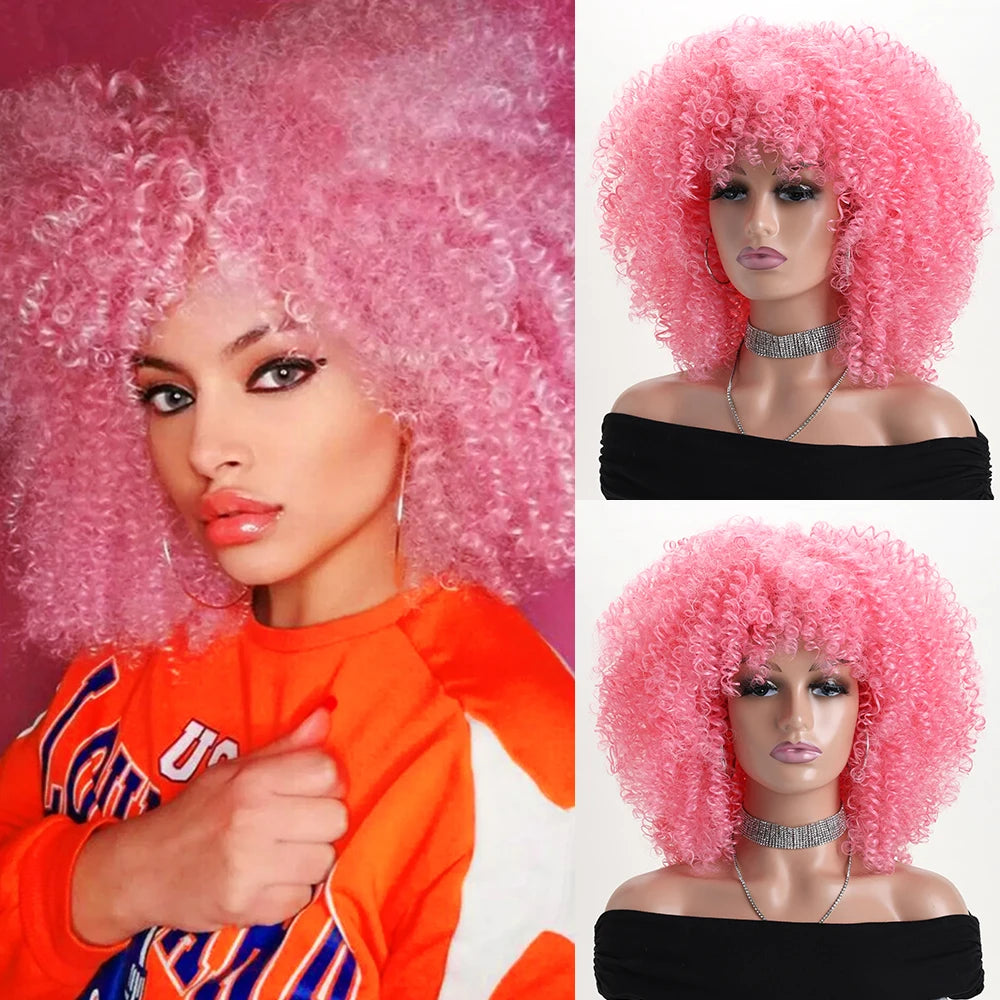 16 Inch Afro Kinky Curly Hair Wigs With Bangs, Soft Fluffy Synthetic Fiber, None Lace Wigs