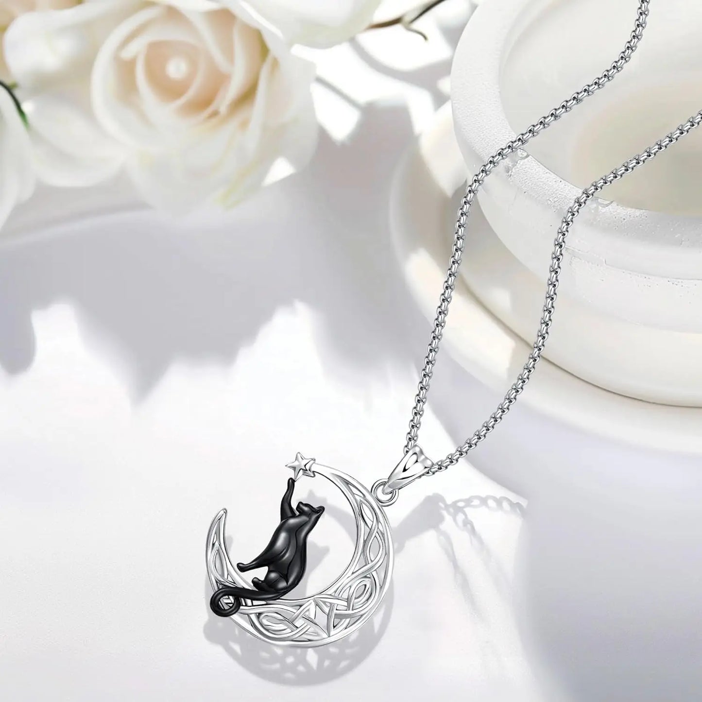 Black Cat Celtic knot Necklace 925 Sterling Silver Cute Animal Pendant