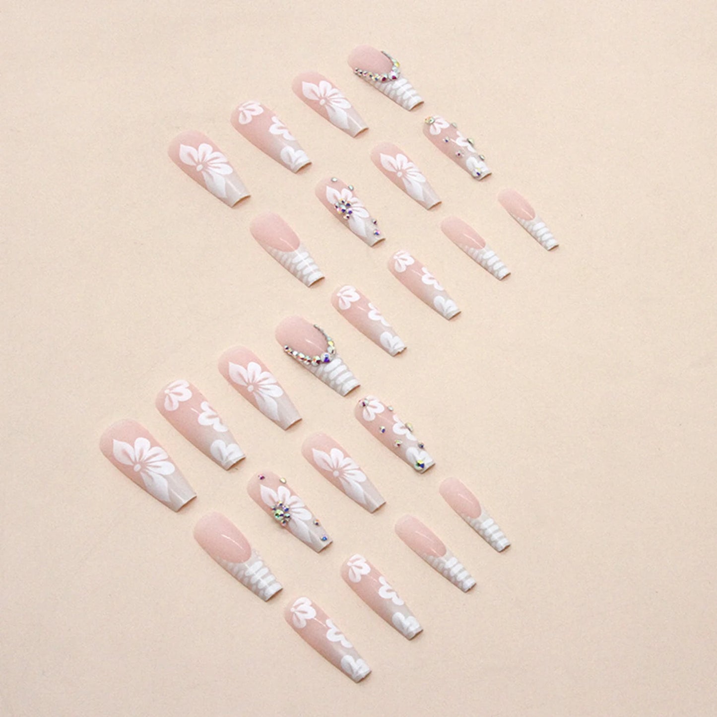 Rhinestone Embellished White Long Square UV Gel Nails