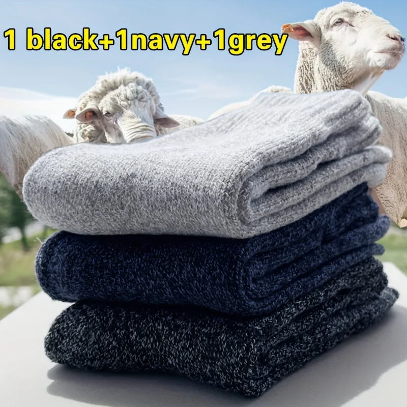 3 Pairs Men's Winter Warm Socks, Thick Towel Mid-Calf Socks, Anti-Cold Snow Boots Socks Elastic Solid Color