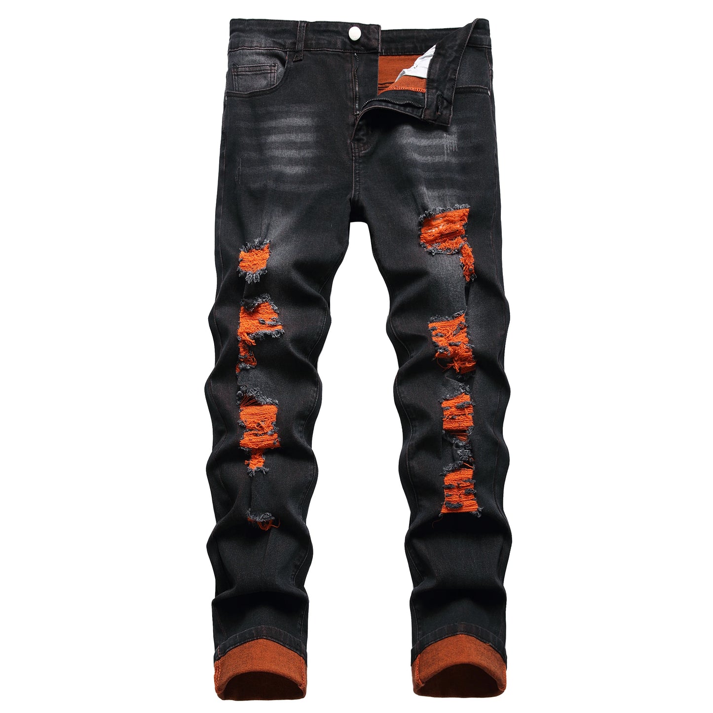 Men's black jeans, orange distressed long casual party stretch denim long pants 511