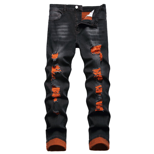 Men's black jeans, orange distressed long casual party stretch denim long pants 511