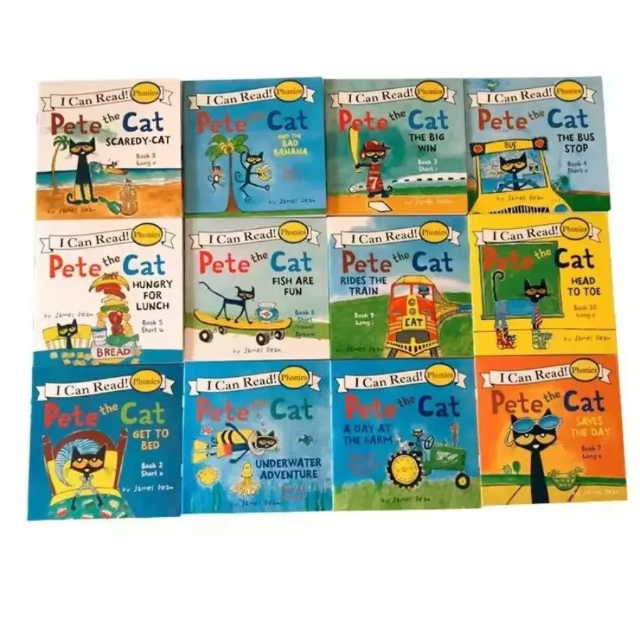 12 Books/Set I Can Read Pete, The Cat English Picture Books, Children's Story Book, Early Educational Pocket Reading Book