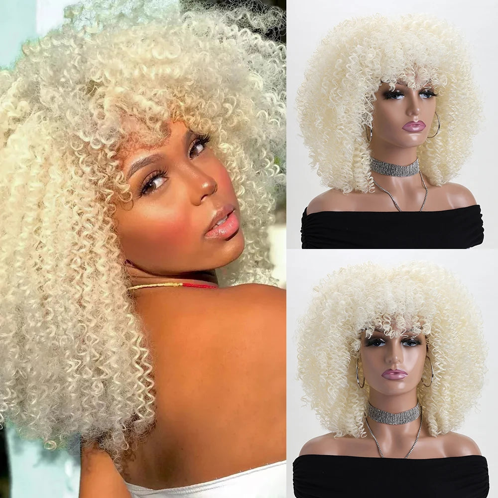 16 Inch Afro Kinky Curly Hair Wigs With Bangs, Soft Fluffy Synthetic Fiber, None Lace Wigs