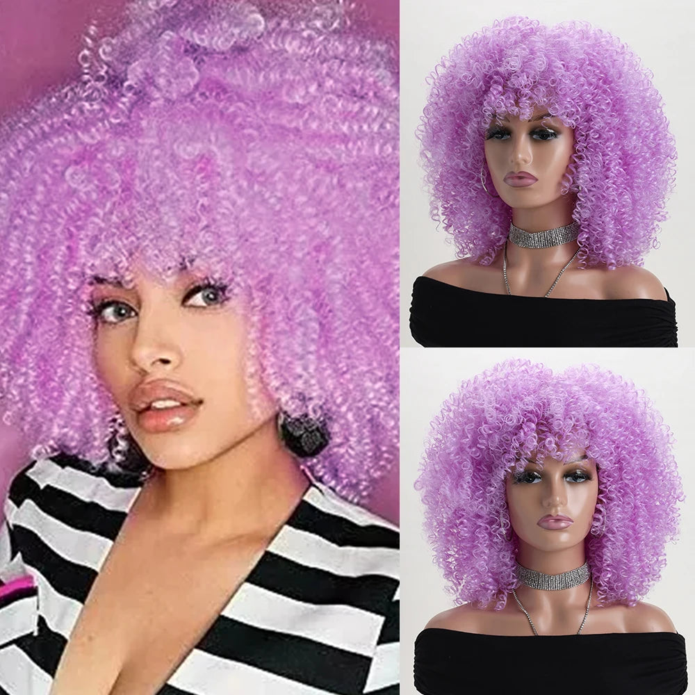 16 Inch Afro Kinky Curly Hair Wigs With Bangs, Soft Fluffy Synthetic Fiber, None Lace Wigs