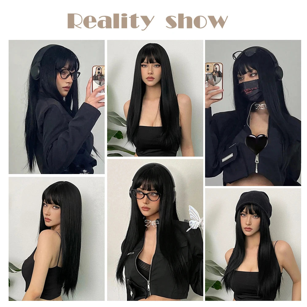 EASIHAIR Long Silky Straight Synthetic Wigs with Bangs Black Lolita Hairm, Natural Heat Resistant Wig