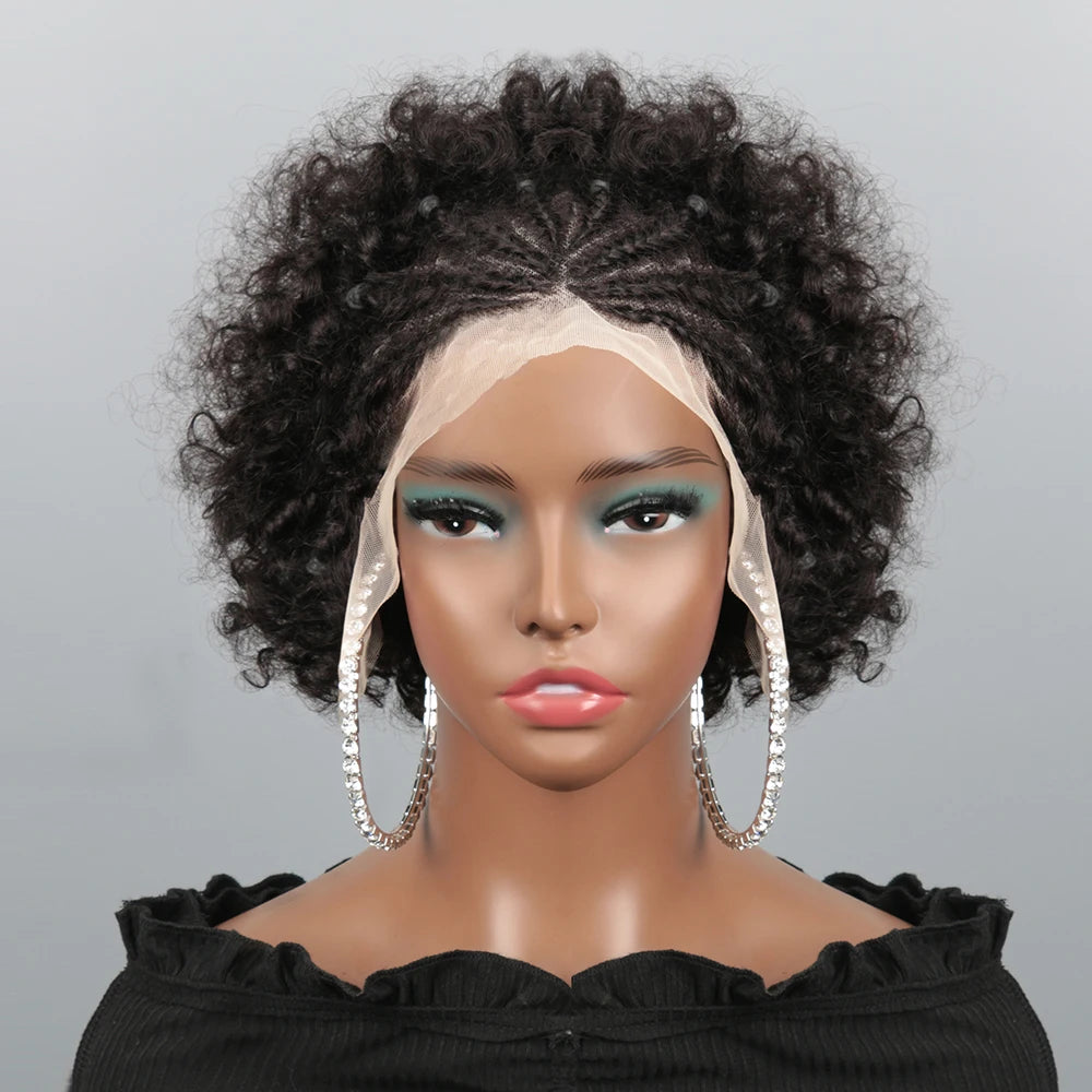 13X4 Afro Kinky Curly Wave Bob Lace Front Braided, Brazilian Remy Human Hair Lace Wig