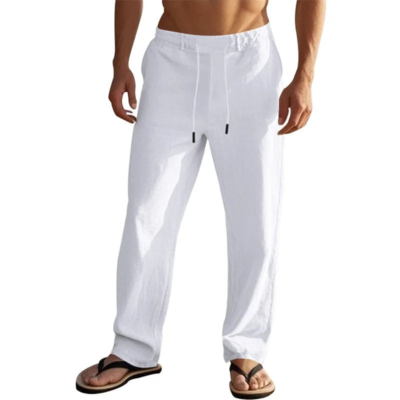 Men s Lightweight Drawstring Linen Pants with Pockets Comfortable Straight Leg Casual Trousers