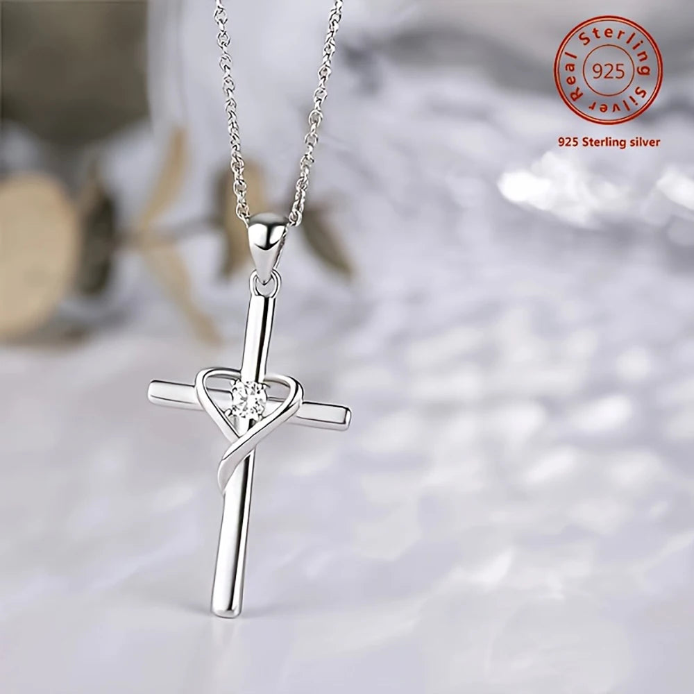 925 Sterling Silver Cross Zircon Necklace Pendant for Women Chain Prayer