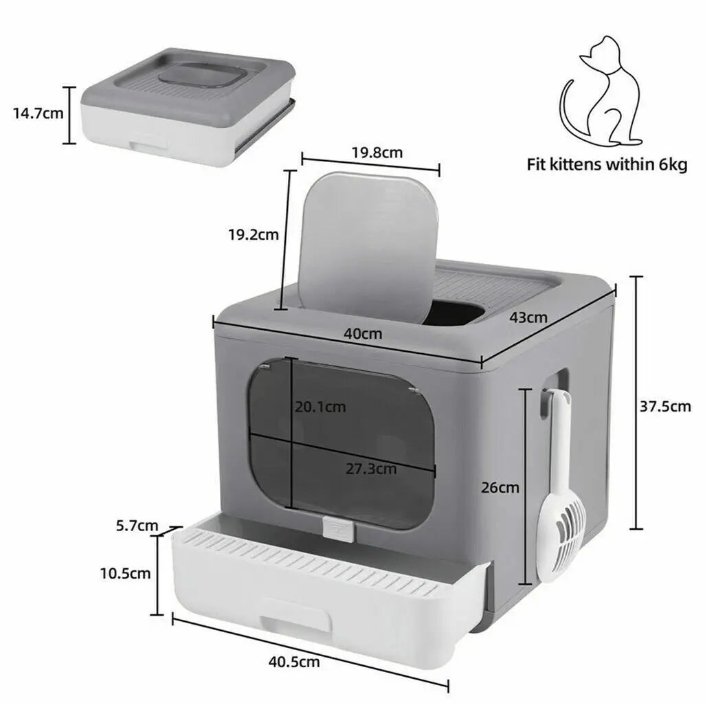 Cat Litter Box with Scoop and Tray Sifting Enclosed, Foldable Kitten Toilet, Detachable Poop Top and Front Entry.