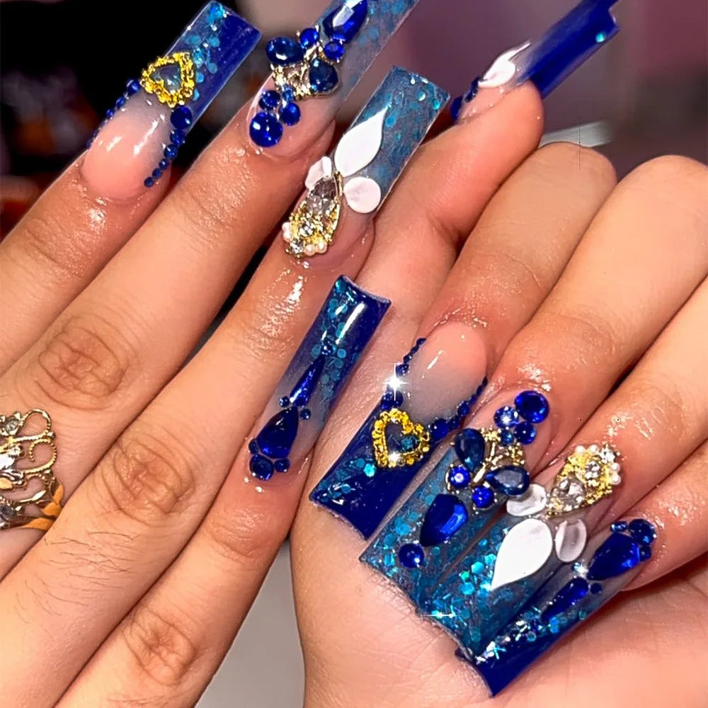 24pcs Y2k Colorful French Long Square 3D Flowers Butterfly Pearl Diamond Nails