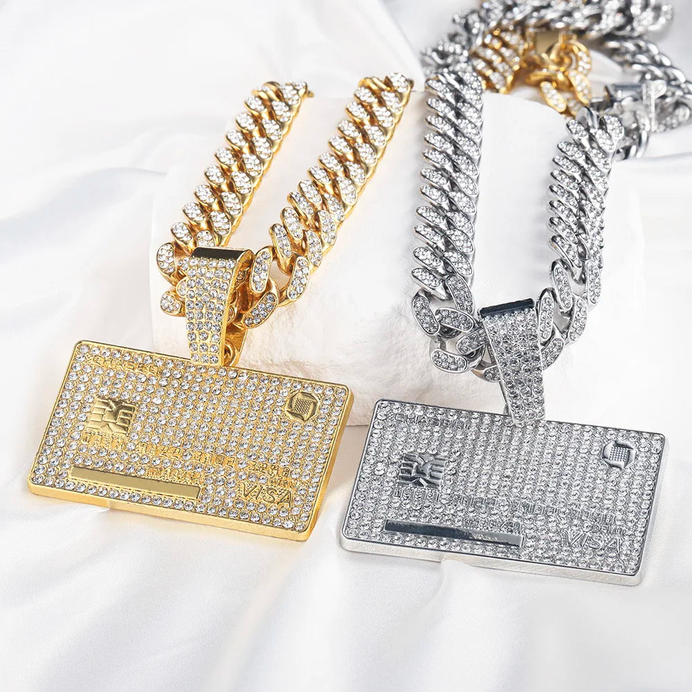 Man's Credit VISA Card Pendant With Zircon Miami Cuban Chain Necklaces