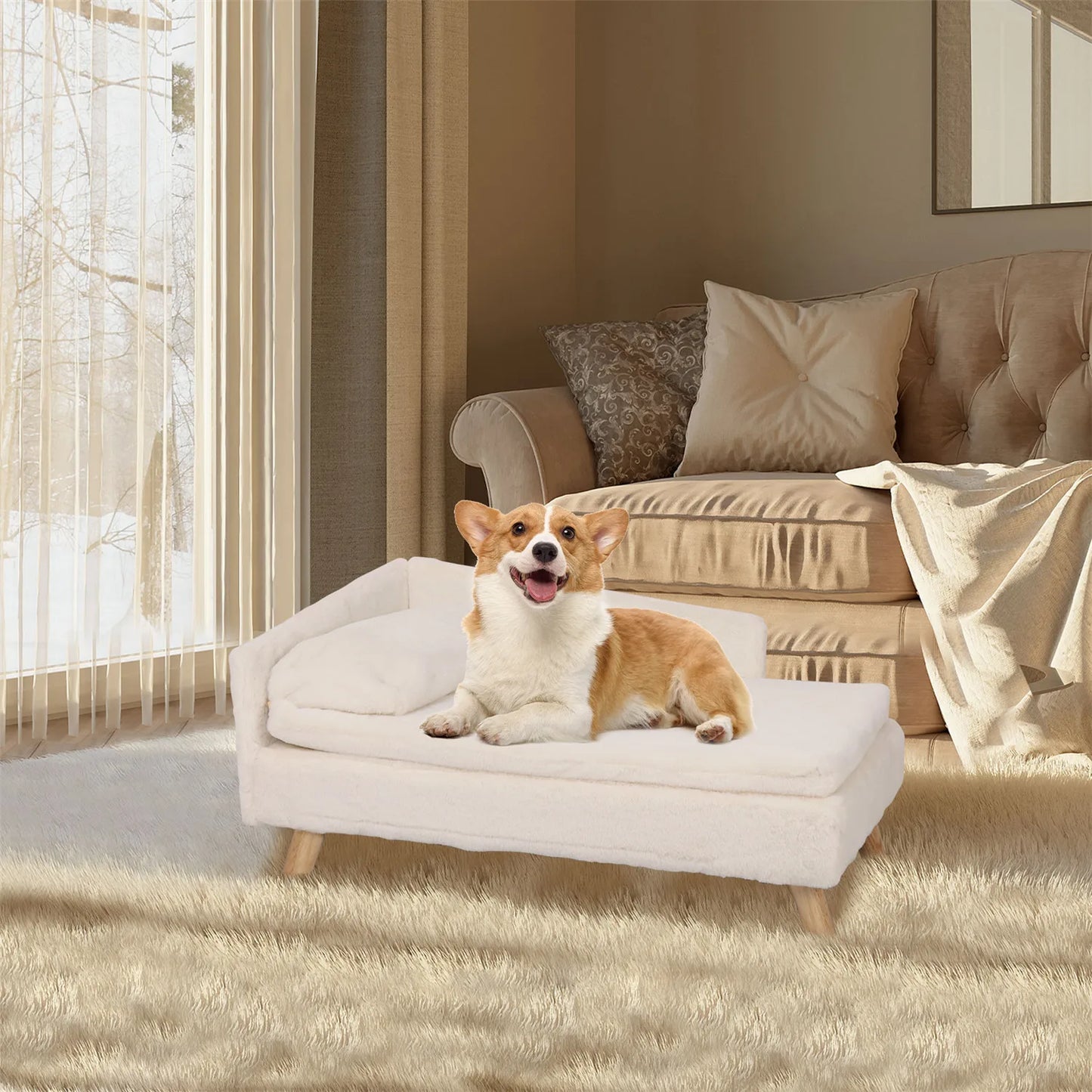 Elevated Pet Bed, Nordic Pet Stool Bed with Cozy Pad Waterproof, Pet Sofa Bed with Sturdy Wood Legs for Small Dogs and Kittens