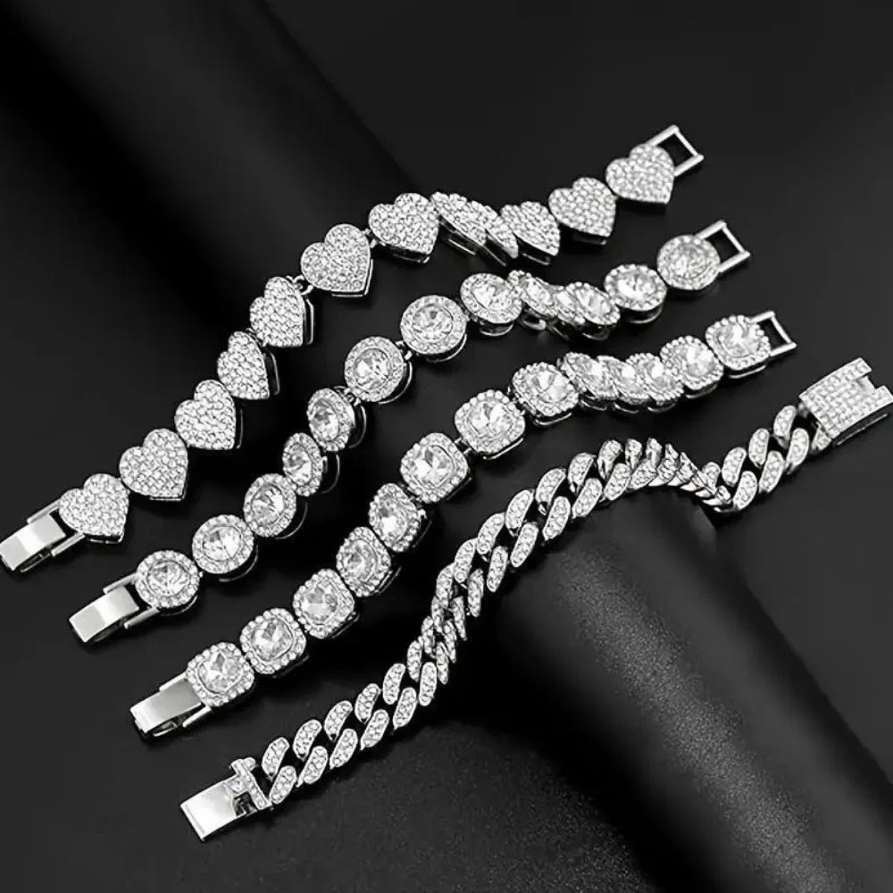 4 Piece Heart Shape Cuban Tenni Bracelet Set for Women -8.2 INCH