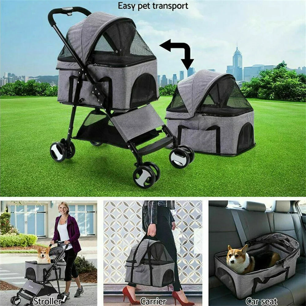 Pet Dog Stroller Foldable Travel Carrier Cart Cat/Dog Pushchair Jogger with 4 Wheels and Rain Cover