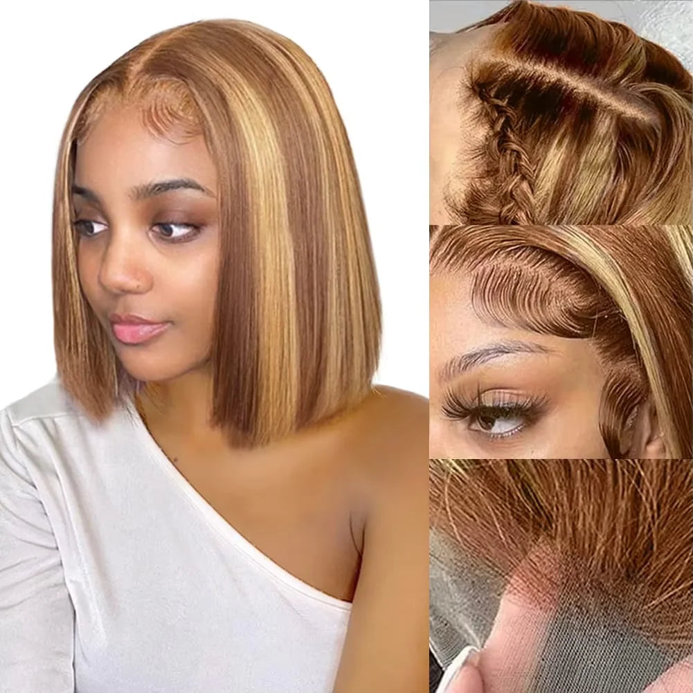 4/27 Highlight Bob Straight Lace Front Wig, Human Hair Ombre Brown, Frontal Bob Human Hair, Glueless wear to go