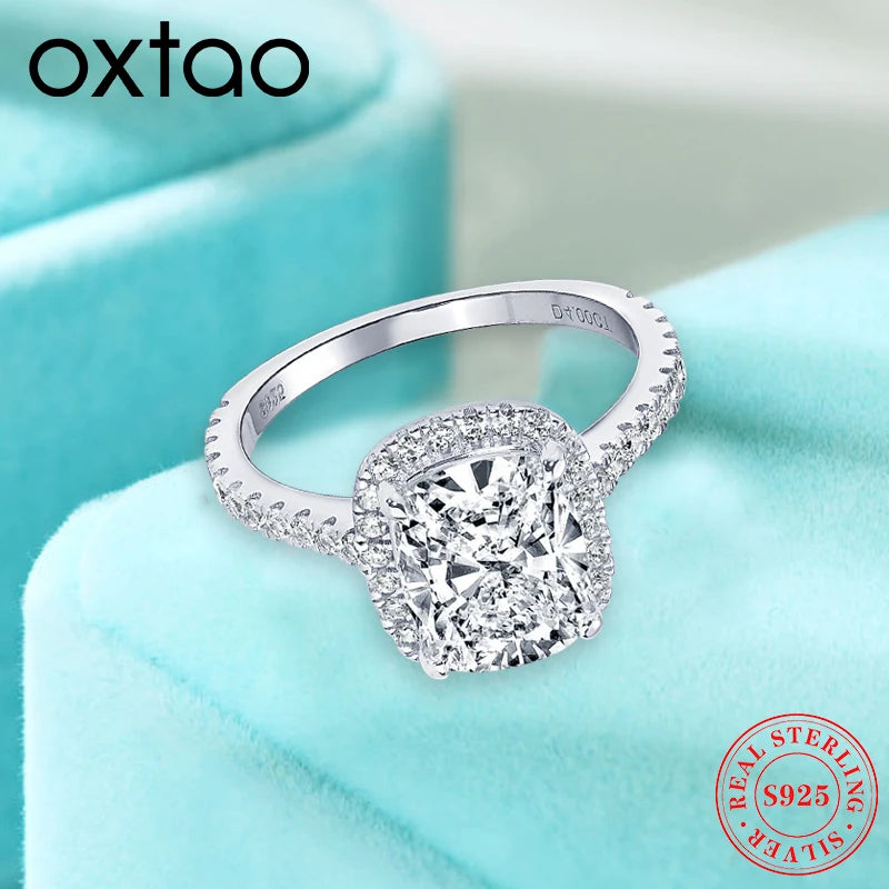OXTAO GRA Certified Cushion Cut Moissanite Halo Engagement Ring for Women 925 Sterling Silver