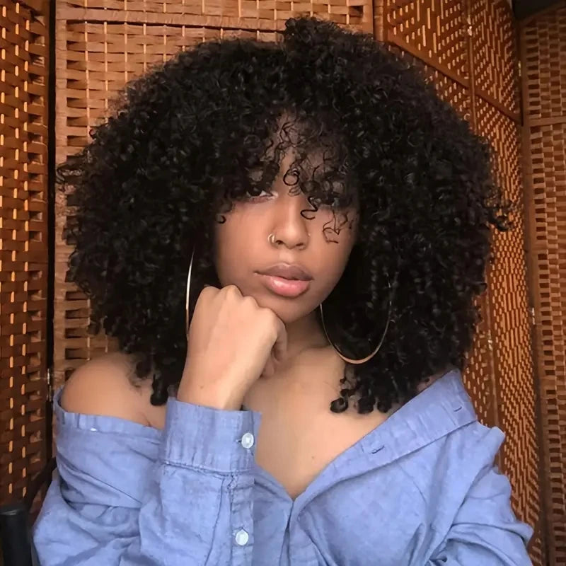 16 Inch Afro Kinky Curly Hair Wigs With Bangs, Soft Fluffy Synthetic Fiber, None Lace Wigs