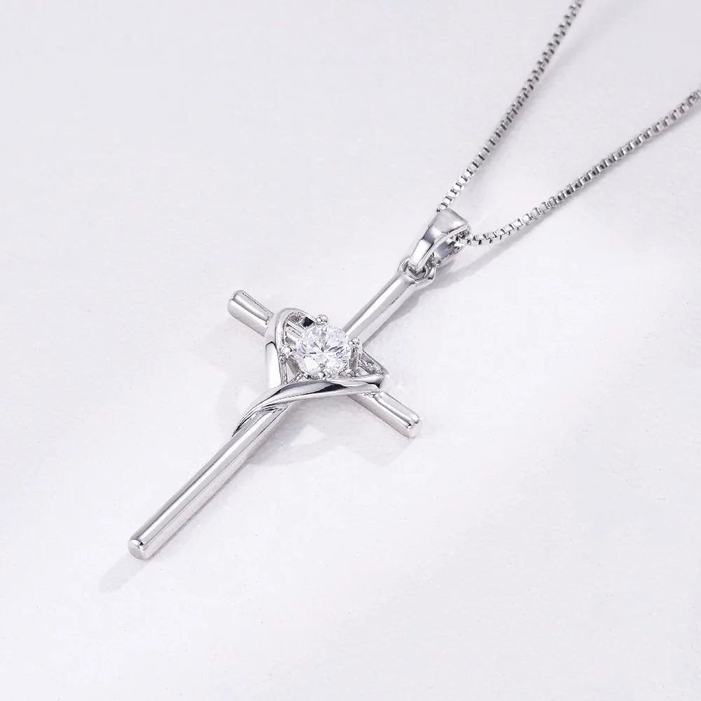 925 Sterling Silver Cross Zircon Necklace Pendant for Women Chain Prayer