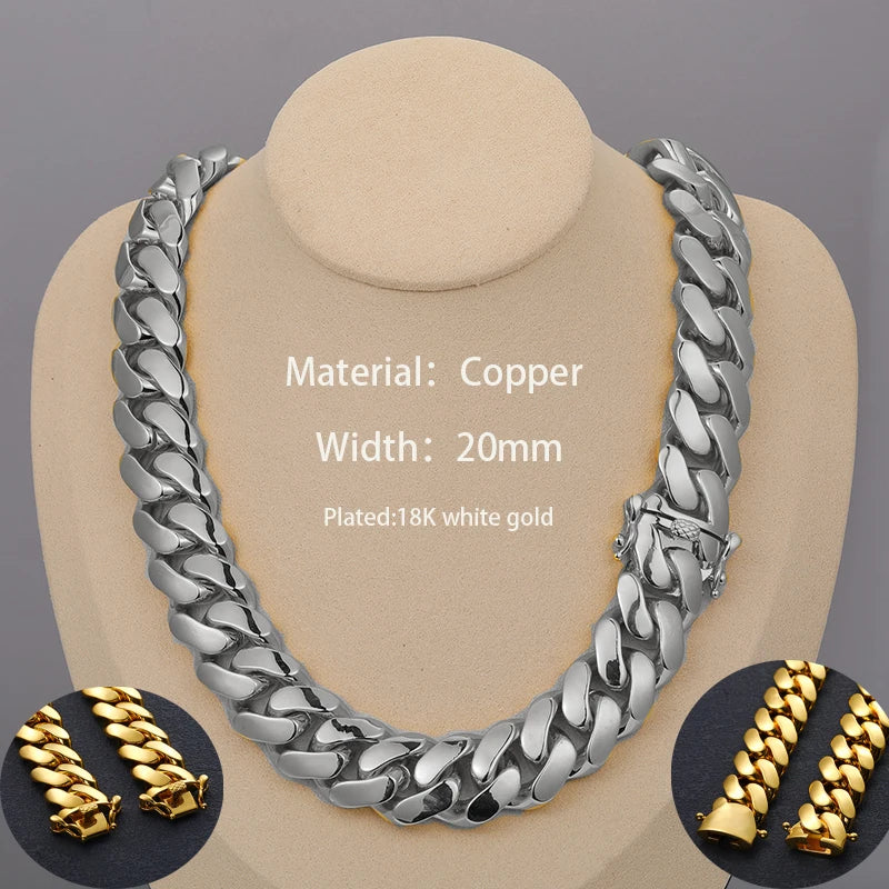 20mm Heavy Solid 18K Gold Plated Miami Cuban Link Chains Choker Necklaces for Men