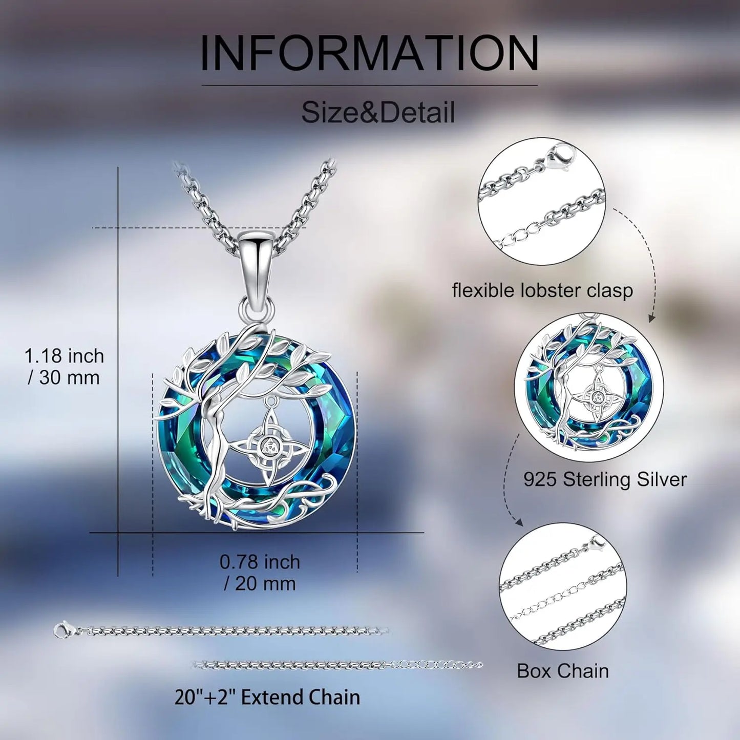 Tree of Life Witch Knot Necklace 925 Sterling Silver Tree of Life Crystal Circle Necklace