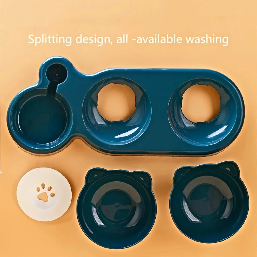 Pet Bowls With Water Feeder, 3 In 1 Ear Design Tilted Cat Water and Food Bowl, Set with Gravity Water Bottle for Neck Protection.