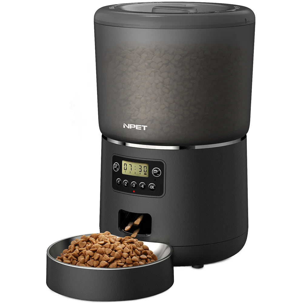 NPET 4L Automatic smart pet feeder for cats/ dogs, Multiple pets with stainless steel bowl, Customize healthy food 1-9 portions.
