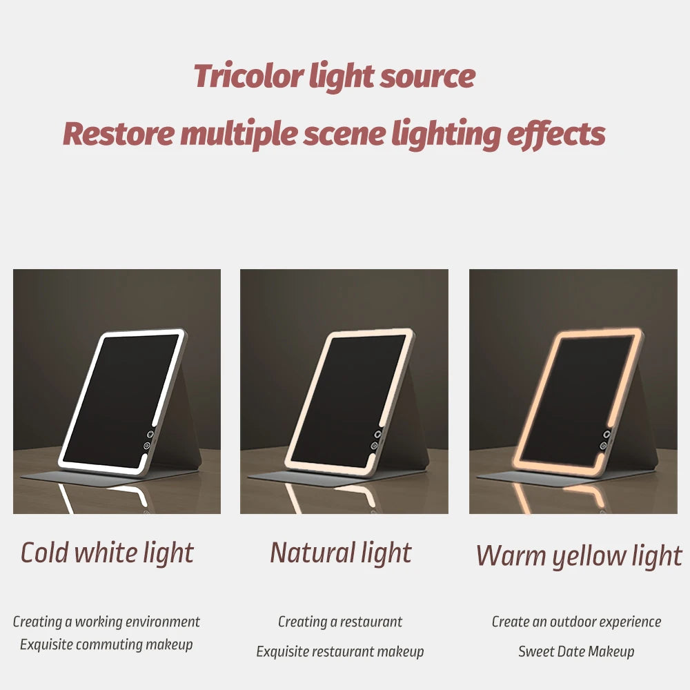 Makeup Mirror Foldable Portable 3-Color Dimmable Lighting, Rechargeable Tabletop Folding Vanity Cosmetic Mirror with LED Lights