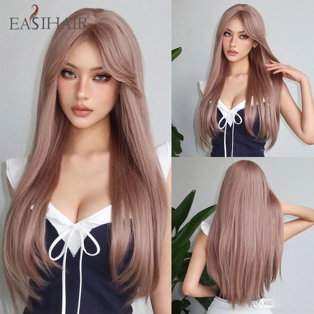 EASIHAIR Long Silky Straight Synthetic Wigs with Bangs Black Lolita Hairm, Natural Heat Resistant Wig