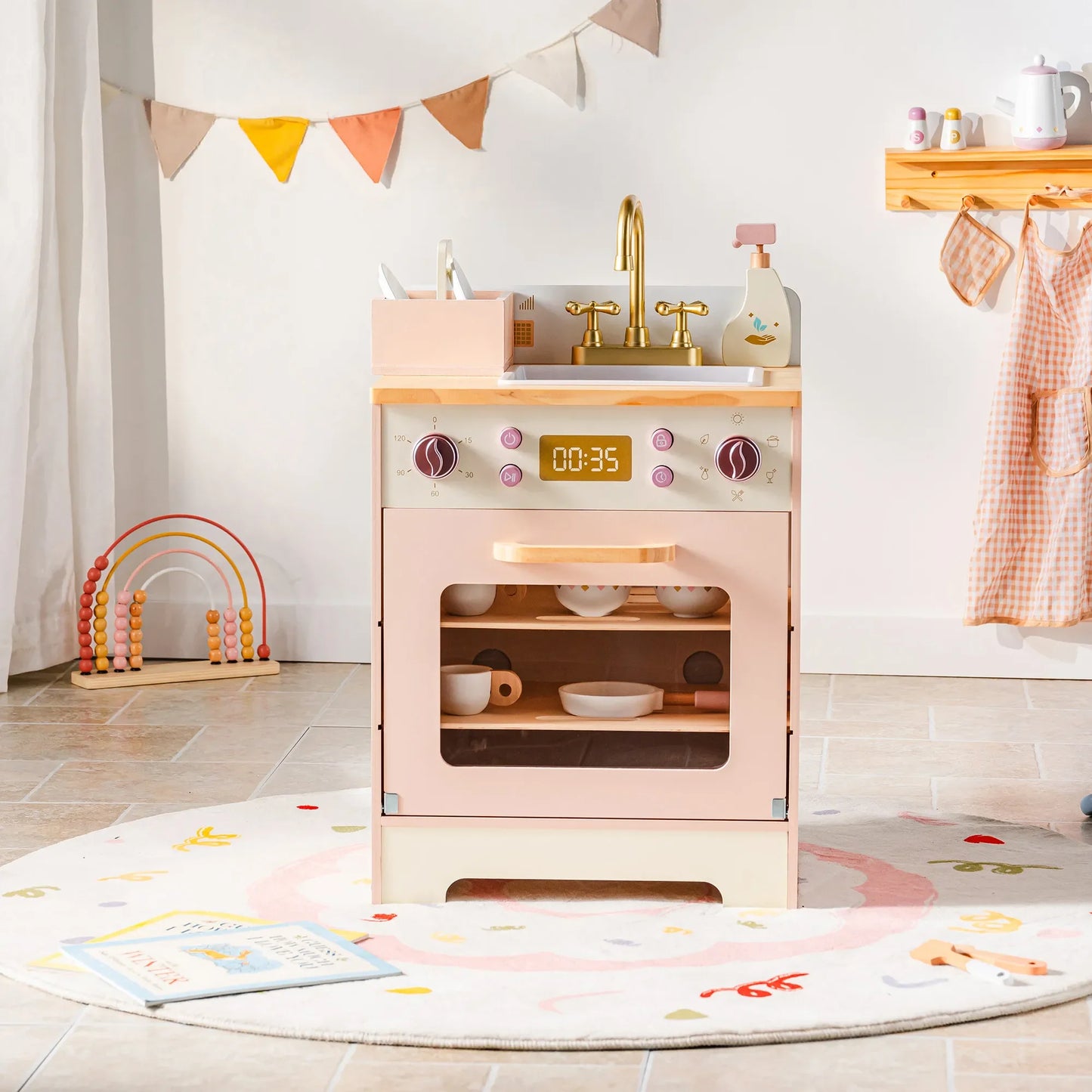 Robotime Robud Kids Corner Kitchen Playset, Wooden Play Kitchen Set with Realistic Sound for Boys and Girls, Pink