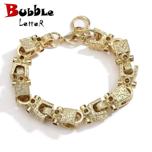 Bubble Letter 3D Block Cuban Link Bracelet for Men, Copper Gold Plated Lobster Clasp