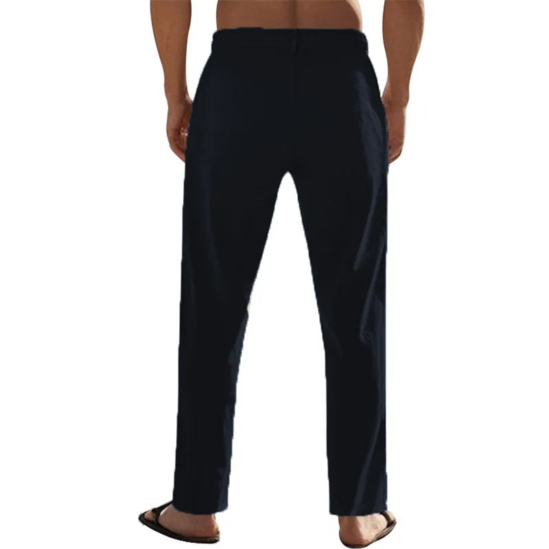 Men's Lightweight Linen Trousers with Adjustable Drawstring Waistband and Straight Leg Design.