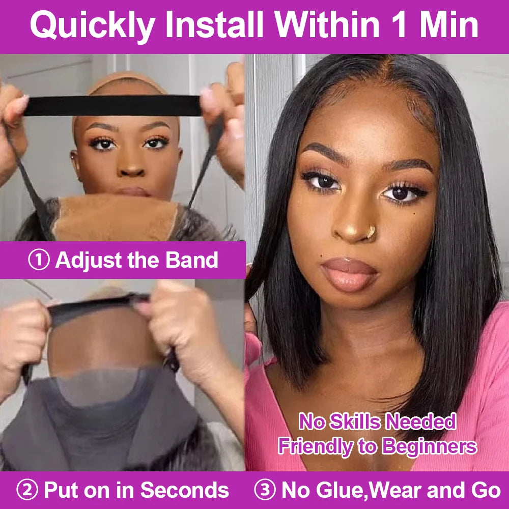 Brazilian Human Hair Bob Wigs Glueless HD Lace Front Wig, No Glue, Short Bone Straight Lace Frontal Ready to Wear, 250 Density