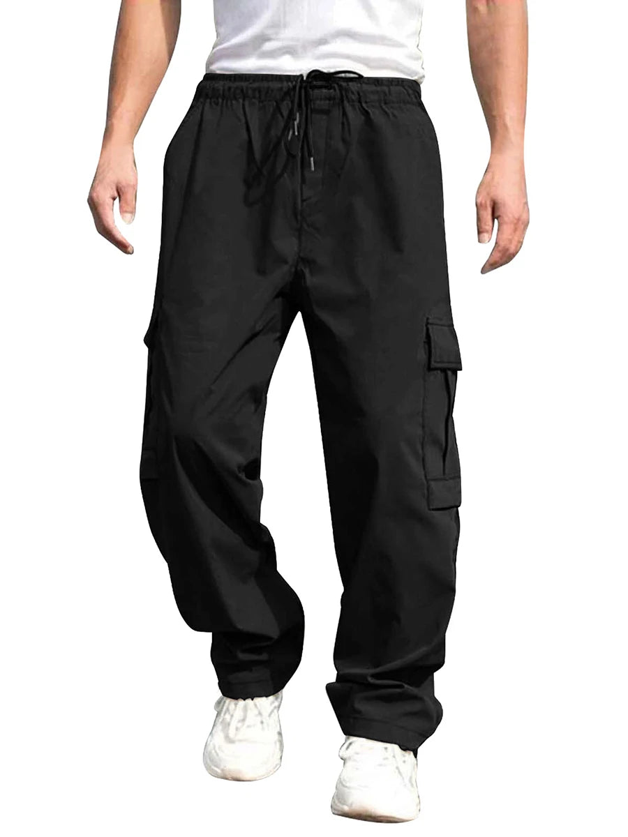 Men's Loose Cargo Pants, Drawstring Waist Straight Leg Pants with Pockets
