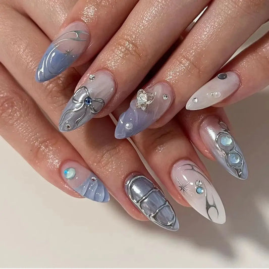 24pcs Silver Metal Lines Press on Medium Almond Shell Pearl Nail