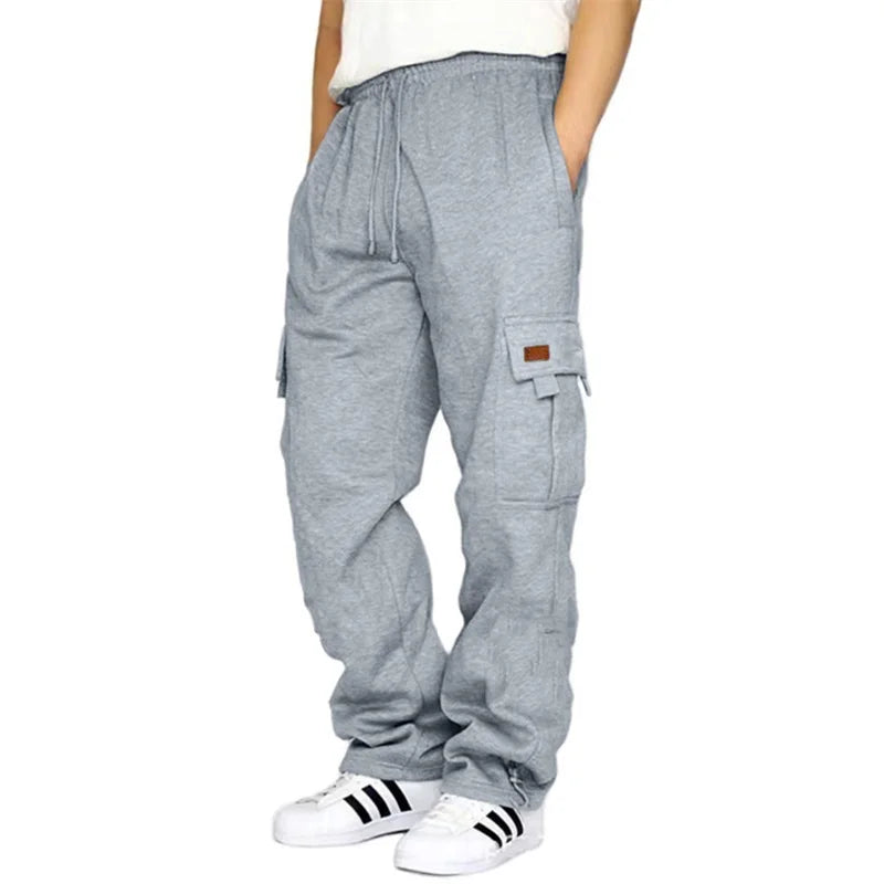Men’s Loose Cargo Casual Drawstring Elastic Waist Wide Leg Outdoor Trousers