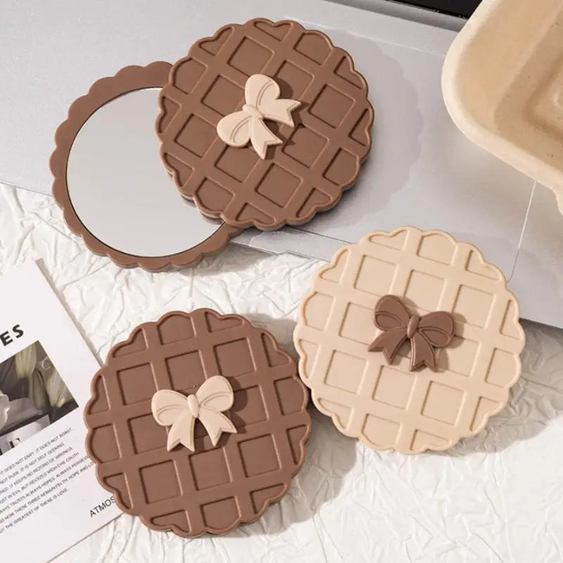 1PCS Waffle Shape Slide Double-Sided Makeup Mirror, Portable Compact Pocket Hand Personalized Beauty Cosmetic Mirror,