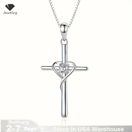 925 Sterling Silver Cross Zircon Necklace Pendant for Women Chain Prayer
