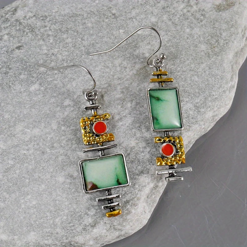1 Pair Vintage Geometric Drop Earrings – Boho Synthetic Gemstone for Women