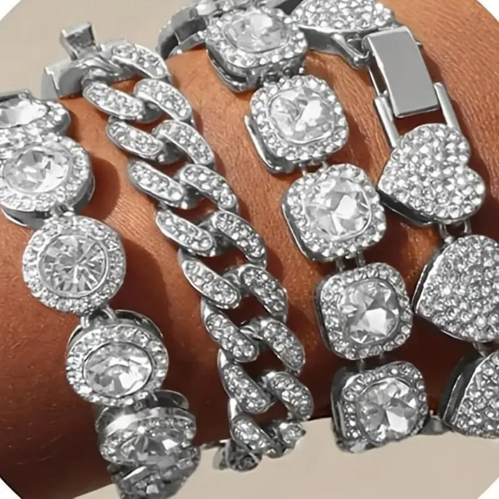 4 Piece Heart Shape Cuban Tenni Bracelet Set for Women -8.2 INCH