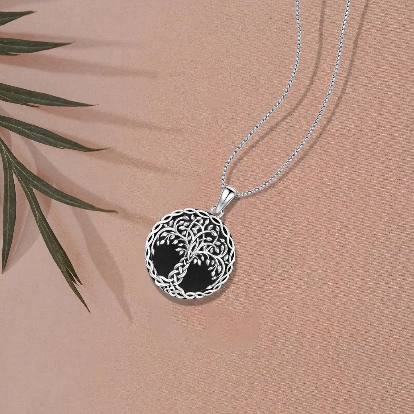 925 Sterling Silver Tree of Life Necklace Pendant Black Agate Celtic Knot