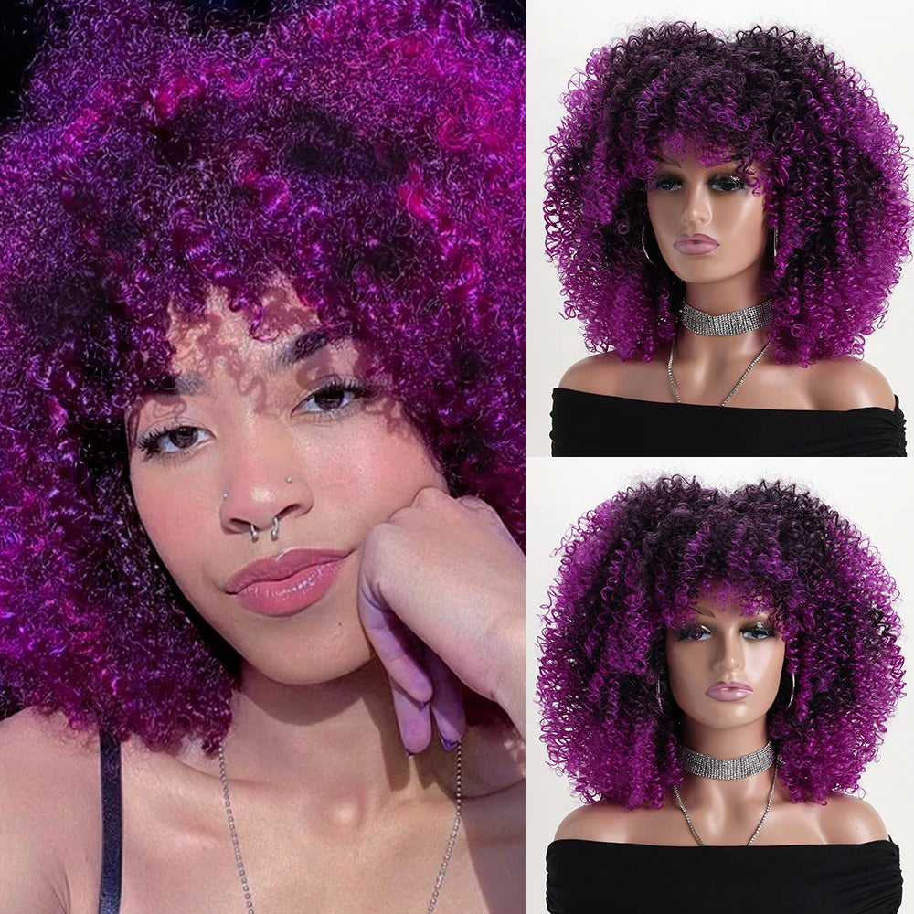 16 Inch Afro Kinky Curly Hair Wigs With Bangs, Soft Fluffy Synthetic Fiber, None Lace Wigs