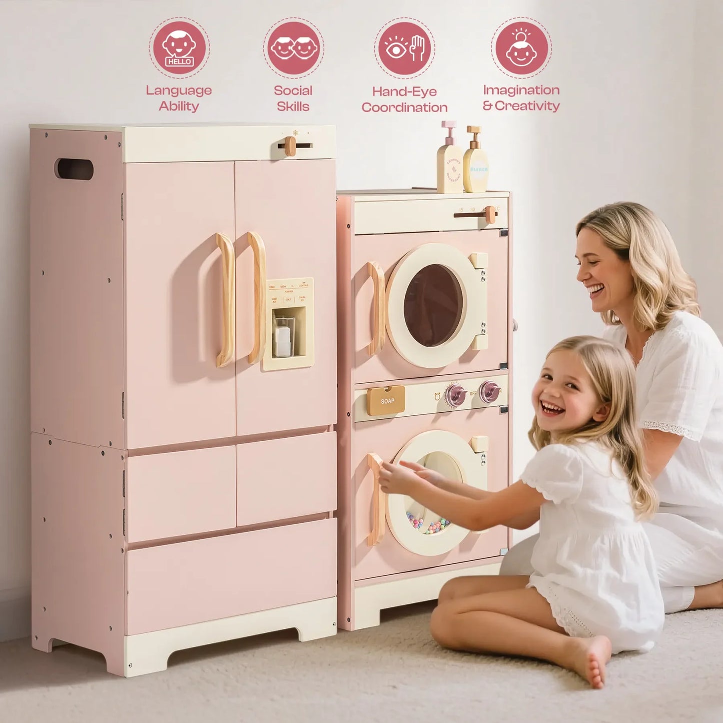 Robotime Robud Kids Corner Kitchen Playset, Wooden Play Kitchen Set with Realistic Sound for Boys and Girls, Pink