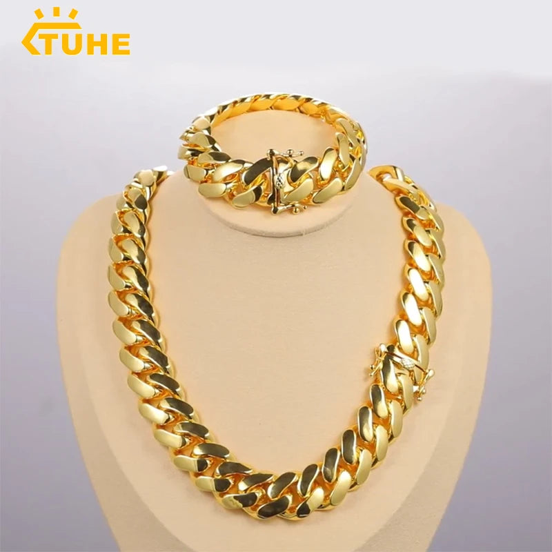 20mm Heavy Solid 18K Gold Plated Miami Cuban Link Chains Choker Necklaces for Men