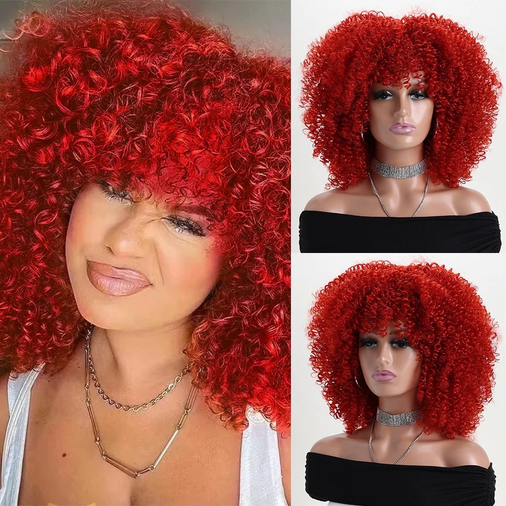 16 Inch Afro Kinky Curly Hair Wigs With Bangs, Soft Fluffy Synthetic Fiber, None Lace Wigs