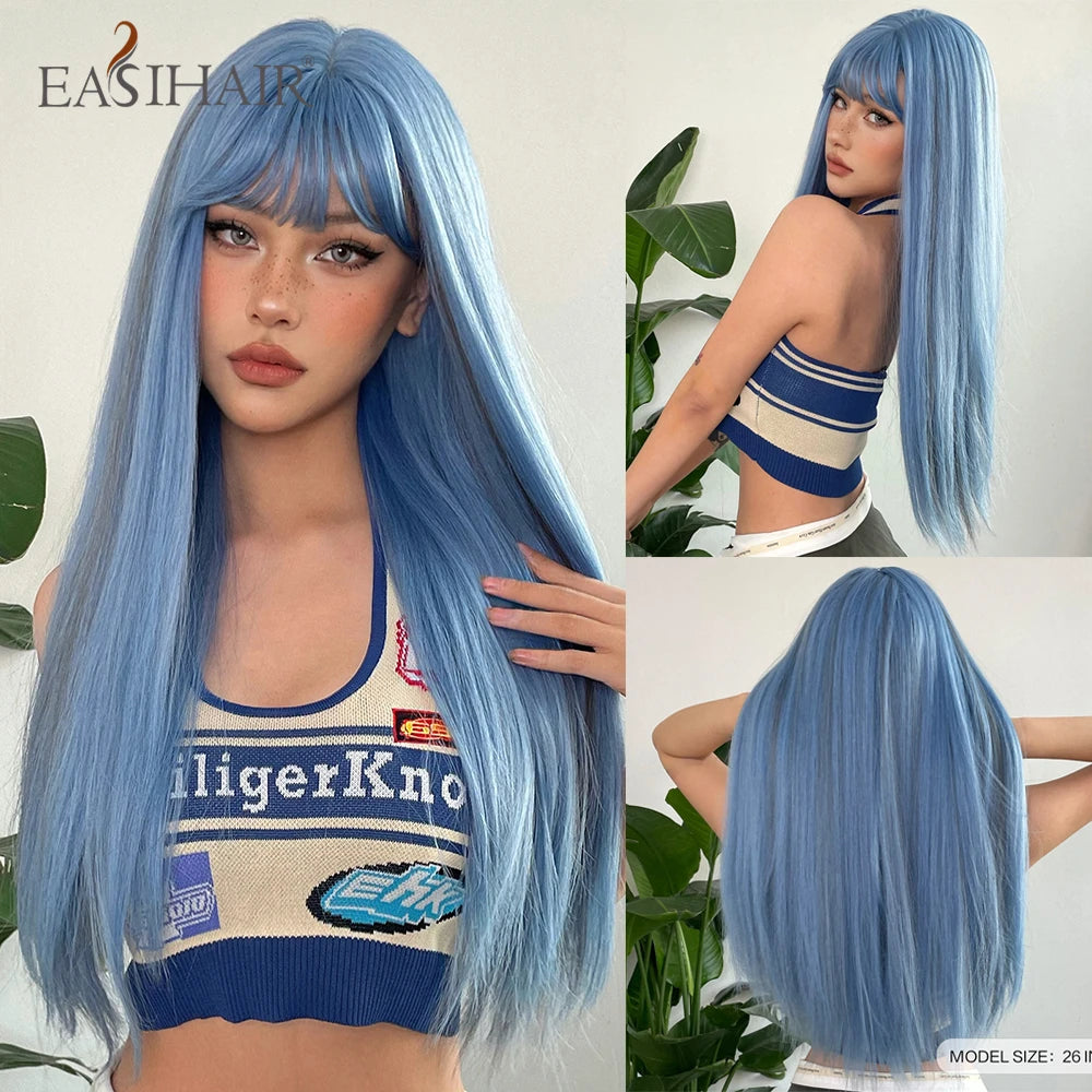 EASIHAIR Long Silky Straight Synthetic Wigs with Bangs Black Lolita Hairm, Natural Heat Resistant Wig