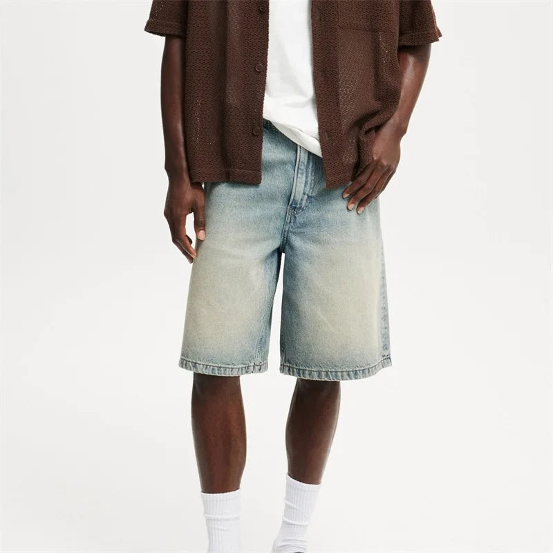 Men's Washed Denim Shorts with Relaxed Fit and High Waist