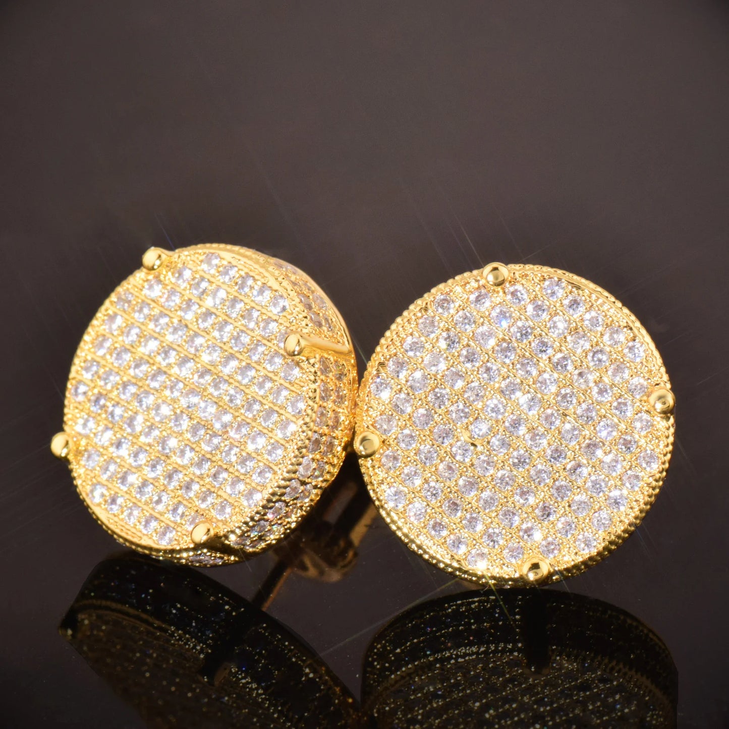 CUC 14MM Big Round Stud Screw Back Iced Out Cubic Zirconia Men/Women Earrings Gold Color