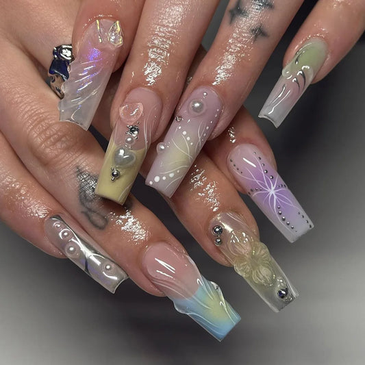 24pcs Y2k Colorful French Long Square 3D Flowers Butterfly Pearl Diamond Nails
