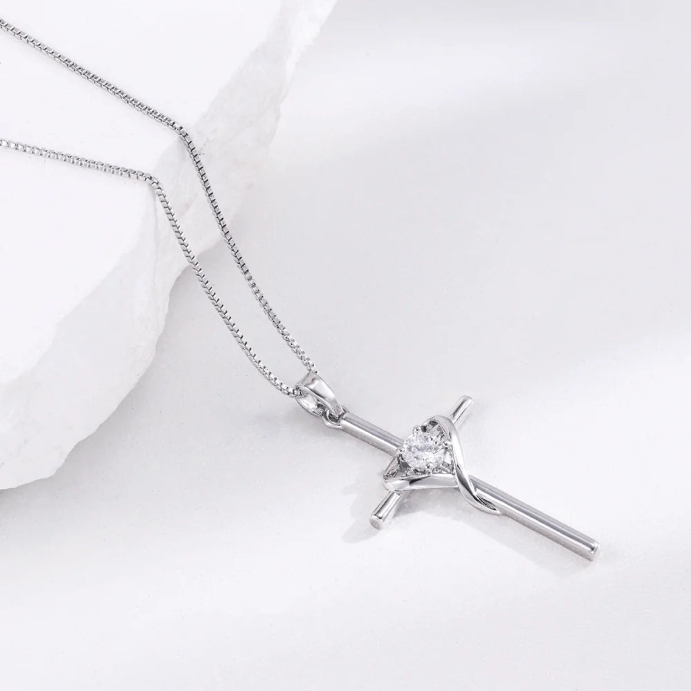 925 Sterling Silver Cross Zircon Necklace Pendant for Women Chain Prayer